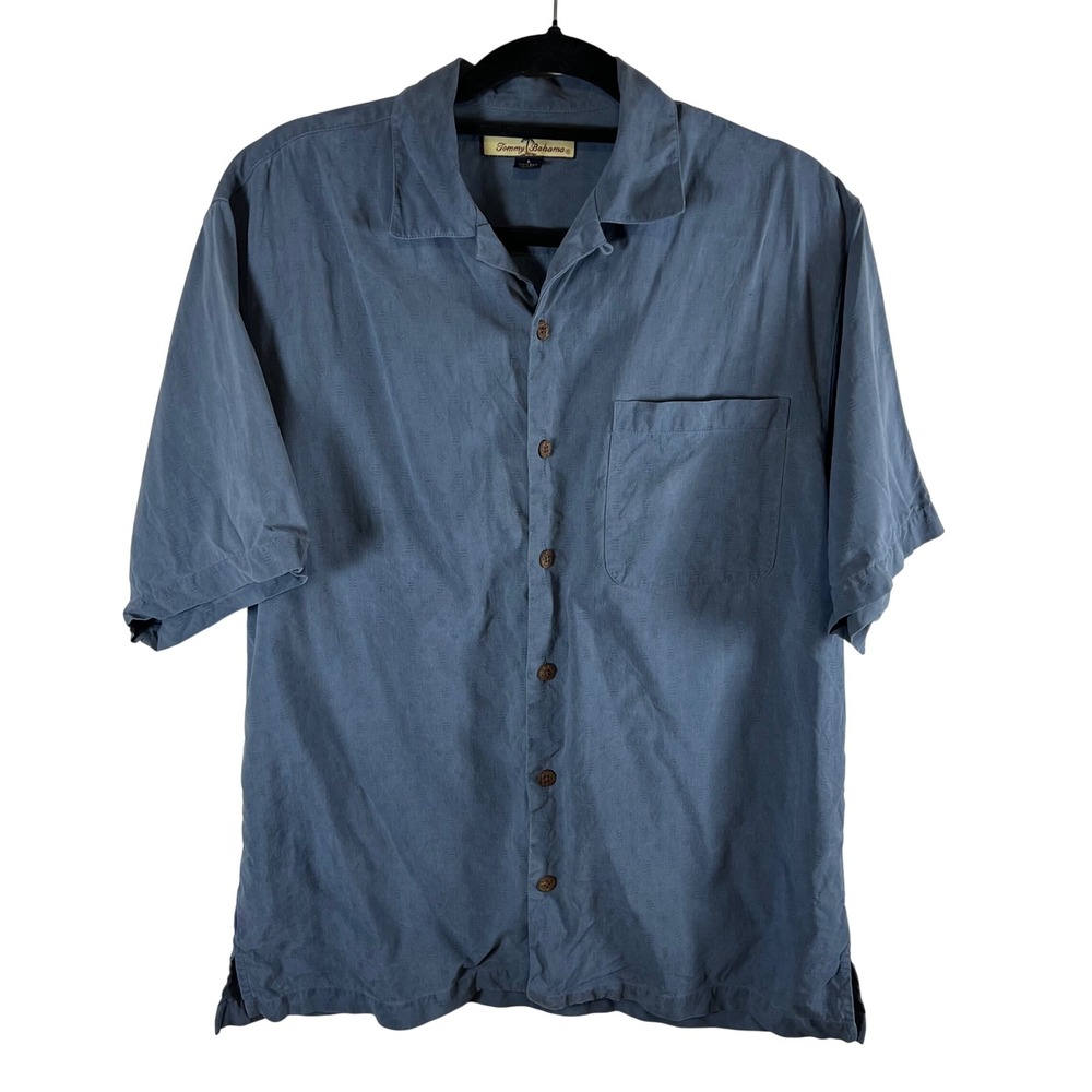 Tommy Bahama Mens Blue 100% Silk Jacquard Short Sleeve Camp Button Down Shirt S